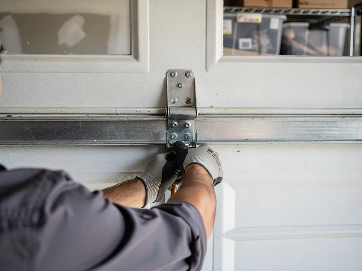 A technician in gloves works on a garage door hinge and roller.