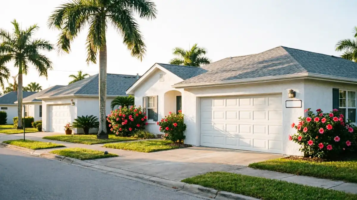 A row of white houses with white garage doors and palm trees.