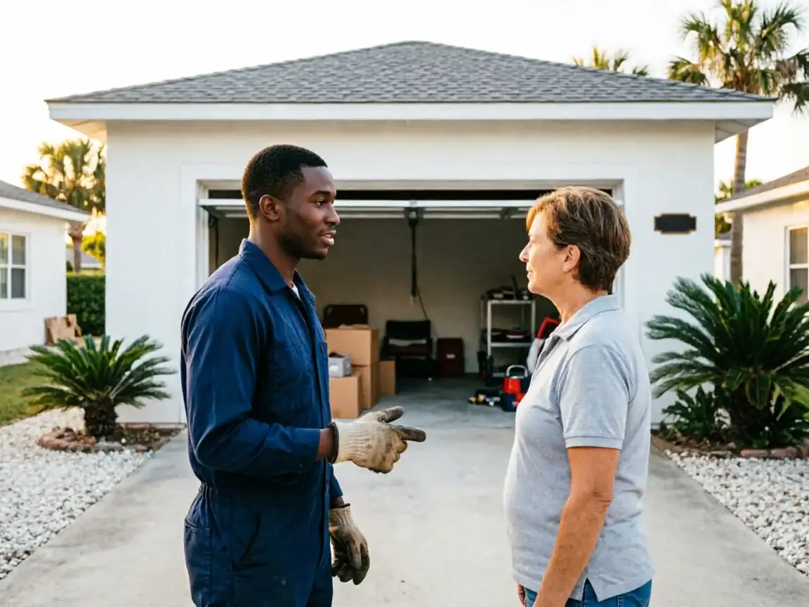 A technician in a blue jumpsuit talks to a woman in front of a garage.