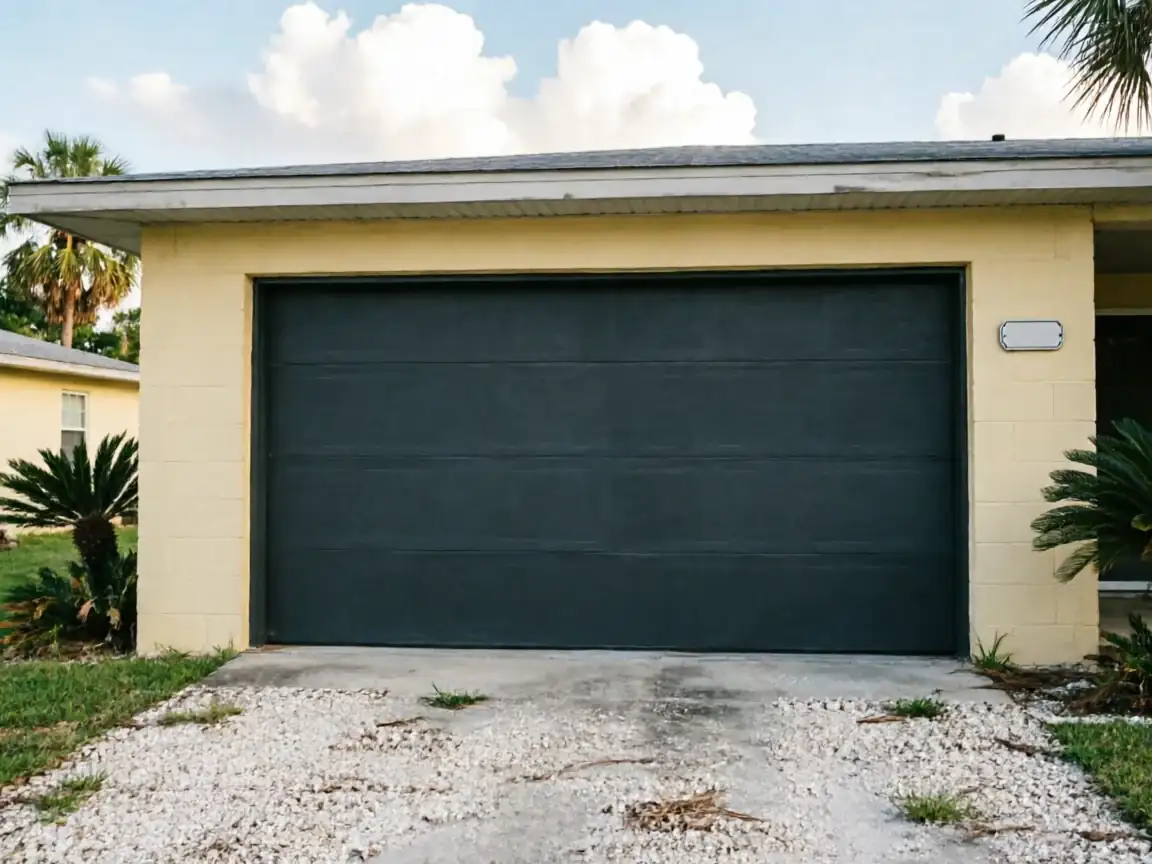 A dark gray garage door is on a yellow house with a gravel driveway.