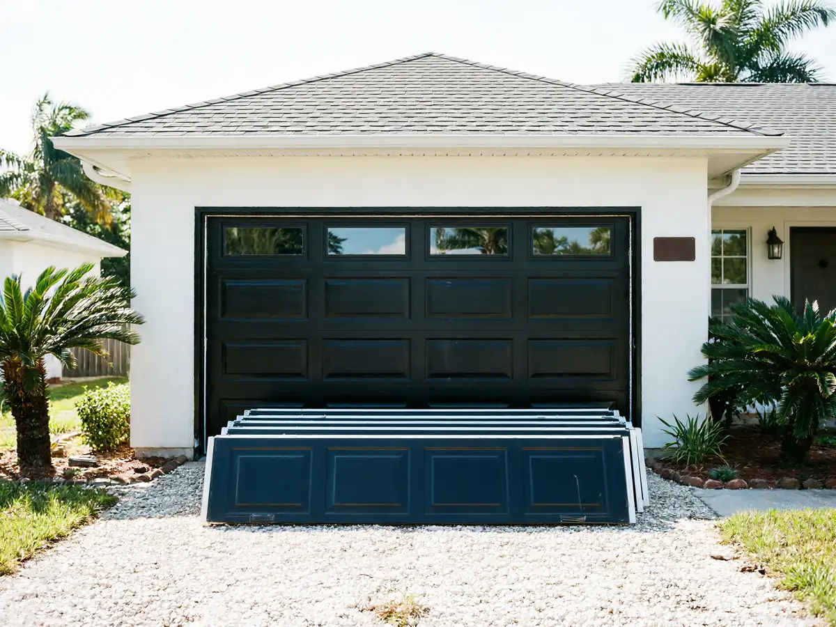 A black garage door with windows and stacked blue panels in front of it.