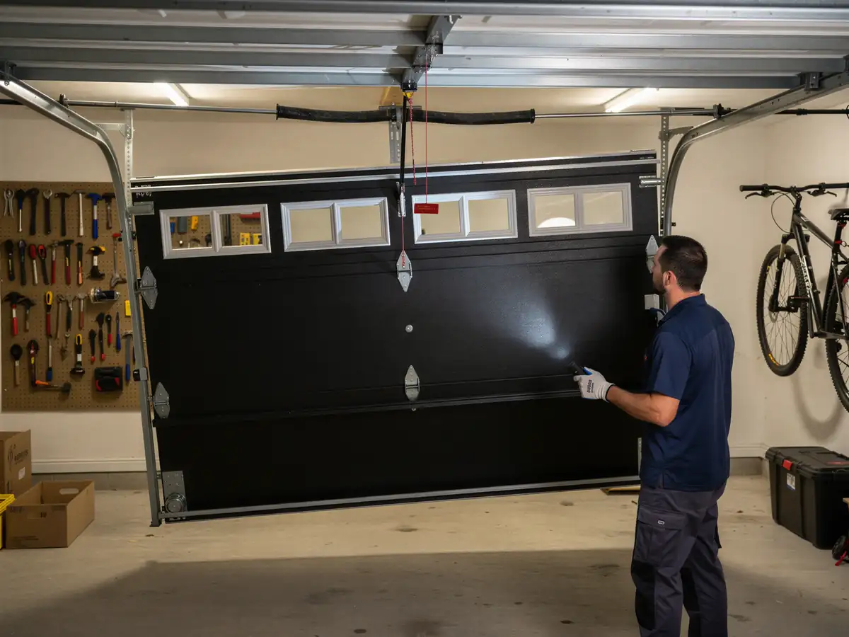 A technician shines a flashlight on a black garage door that is off its track.