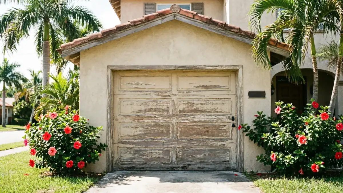 The garage door is old and peeling, with red flowers and palm trees nearby.