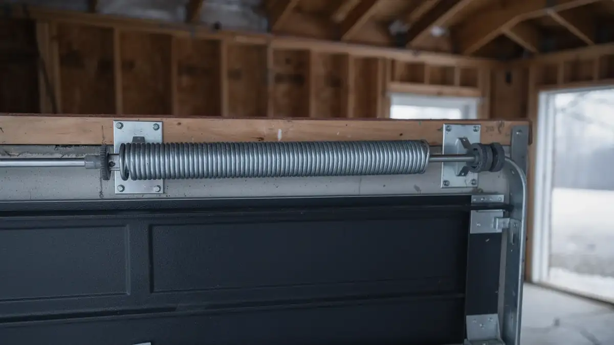 A torsion spring is mounted above a dark gray garage door.