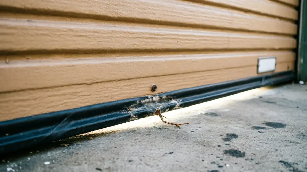 The bottom of a tan garage door has a damaged weather seal and a small gap.