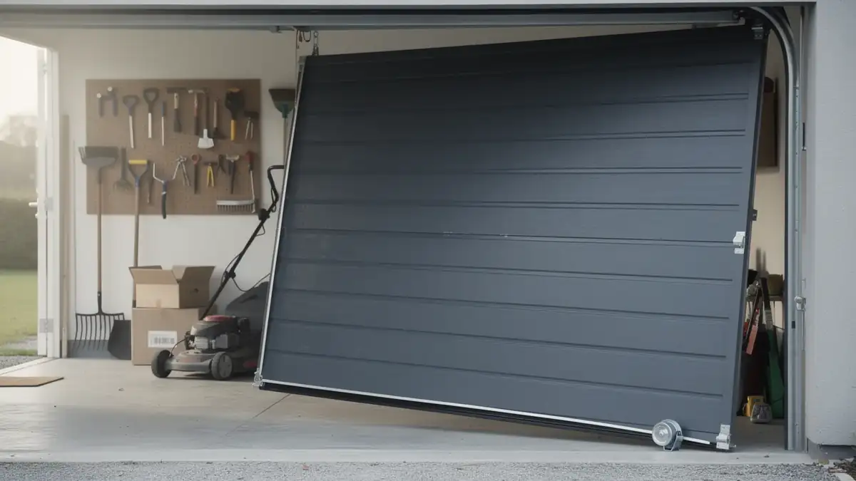 A dark gray garage door is stuck partially open and crooked.